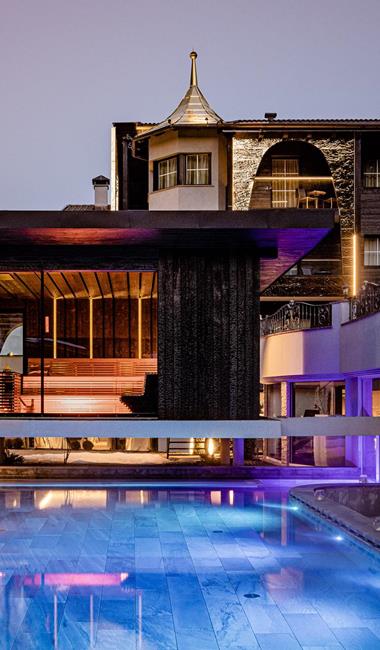 Our sauna and outdoor pool at evening